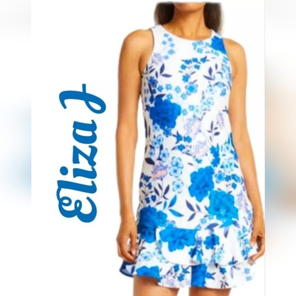 Eliza J Womens A Line Dress sz 12 White Blu Floral Ruffle Hem Church Date Night - Picture 1 of 11